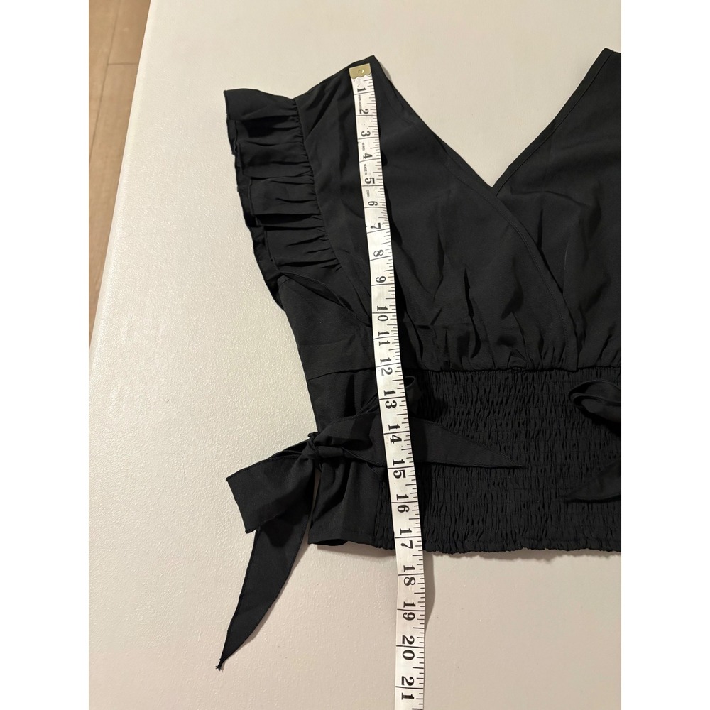 Black Ruffle Sleeve Smocked Waist Wrap Front Crop‎ Top Elegant Feminine SZ S - Picture 3 of 7